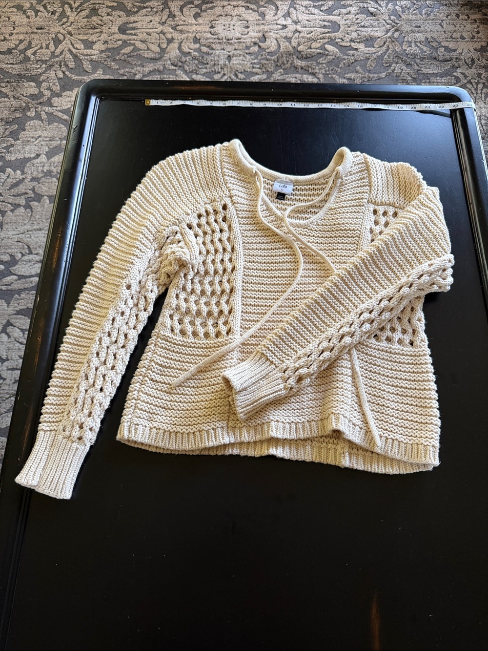 CAbi Cream Open-Stitch Cable Crew Sweater#6596